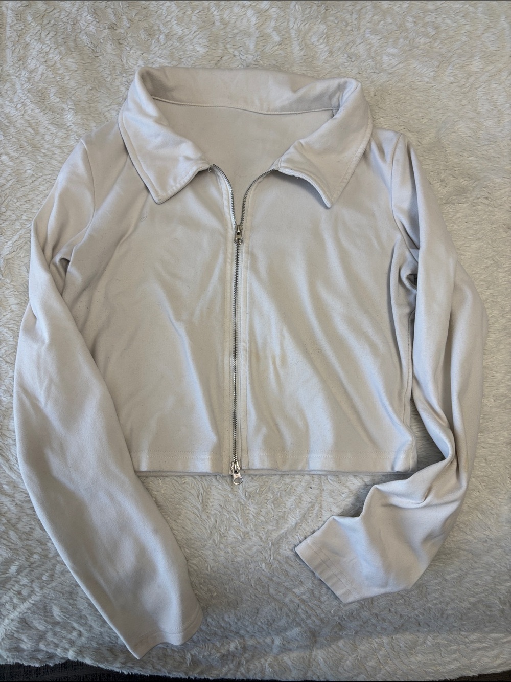 Cropped Light Cream Zip-Front Bomber Jacket